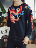 Flying Loong Embroidery Long Sleeve Round Neck Shirt