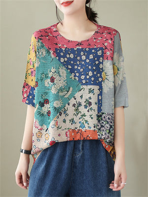 Women's Color Block Floral Print Crew Neck Short Sleeve Shirt