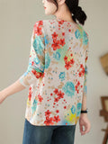 Contrast Color Flower Print Long Sleeve Knitted Shirt