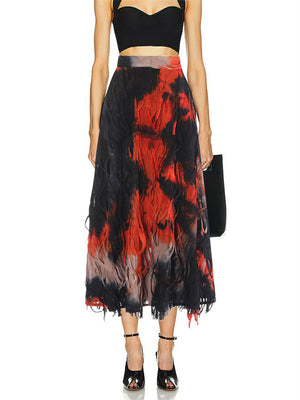 Personality Tie-Dye Tassel High Waist Midi Skirt for Women