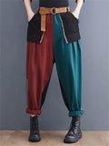 Women's Red Green Contrast Color Patch Pocket Denim Harem Pants