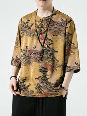 Retro Printed Ice Silk Rounded Collar Shirts for Male