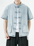 Summer Denim Short Sleeve Tang Suit Shirt for Men