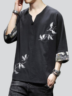 Men's Retro White Crane Embroidery V Neck 3/4 Sleeve Shirt