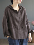 Plain Cotton Linen Long Sleeve Hooded Shirt for Women