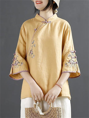 Chinese Ancient Style Floral Embroidery Knot Button Shirt for Women