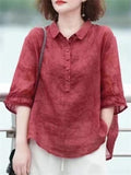 Summer Cozy Lapel Short Sleeve Jacquard Shirt for Women