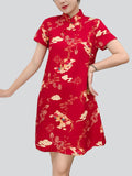 Chinese Red Flying Deer Print Knee Length Qipao