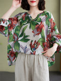 Summer Cozy V Neck Loose Print Long Sleeve Shirt for Women