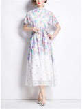 Sweet Stand Collar Flutter Sleeve Print Chiffon Dress for Lady