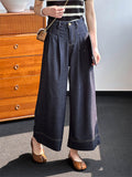 Spring Elegant Dark Blue High-Rise Wide Leg Jeans for Ladies