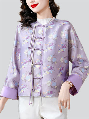 Women's Elegant Tassel Button Chrysanthemum Print Jacket