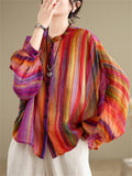 Women's Rainbow Stripe Loose Fit Lantern Sleeve Shirts