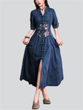 Women's Oriental Floral Embroidery V-Neck Front Slit Denim Dress