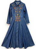 Female Lapel Embroidered Vintage A-line Denim Dress