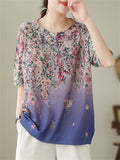 Women's Summer Round Neck Flower Short Sleeve Knit Shirt