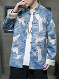 Oriental Style Men's Trendy Crane Print Button Jackets