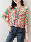 Colored Drawing Print V Neck Half Sleeve Rhinestone Shirt for Lady