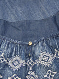 Women's Diamond Embroidery Half Sleeve Ruffle Blue Denim Dress