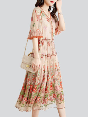 Ladies Popular Floral Embroidered V-Neck Ruffle Dress