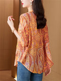 Retro Orange Paisley Print V Neck Half Sleeve Shirt for Women