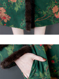 Women's Luxury Faux Fur Stand Collar Button Flower Print Long Coat