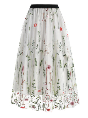 Spring Floral Leaf Embroidery Elegant Mesh Skirt for Lady