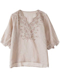 Leaf Flower Embroidered Women's Half Sleeve V-Neck Shirt