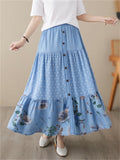 Women's Gentle Polka Dot Flower Print Pleated Denim Skirt