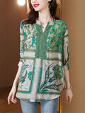 Women's Ethnic Style Green Leaf Print V Neck Half Sleeve Shirt