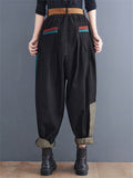 Women's Red Green Contrast Color Patch Pocket Denim Harem Pants