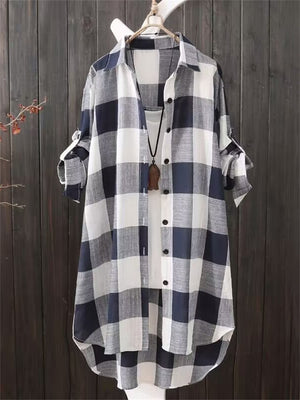 Women's Lapel Rolled Up Sleeve Mid Length Plaid Shirt