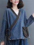 Retro Spliced Slanted V-neck Lace-up Lady Denim Jacket