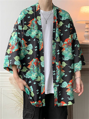 Men's Retro Dragon Tiger Print Summer Cardigan Shirt