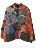 Ladies Retro Abstract Print Knot Button Patch Pocket Cotton Coat