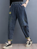 Women's Literary Elastic Waist Patchwork Jeans