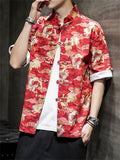 Men's Fashion Short-Sleeved Loong Printed Tang Suit Shirt