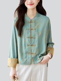 Female Stand Collar Vintage Jacquard Long Sleeve Shirt