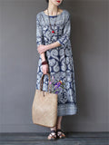 Lady Ethnic Style Printed Round Neck 3/4 Sleeve Dress