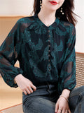 Women's Leisure Dark Green Jacquard Breathable Sleeve Chiffon Shirt