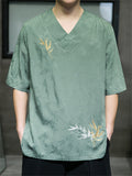 Men's Casual Cozy Smooth Leaf Embroidery Short Sleeve Shirt