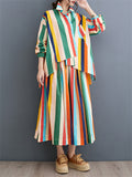 Rainbow Stripes Irregular Hem Lapel Shirt + Swing Skirt for Women