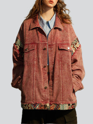 Women's Ethnic Patchwork Chest Pockets Button Up Denim Jacket