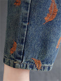 Women's Orange Feather Chic Splicing Blue Denim Pants