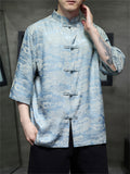 Male Chinese Style Pavilion Jacquard Smooth Button Up Shirts