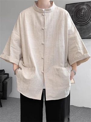 Chinese Vintage Stand Collar Knot Button Oversized Shirt for Men