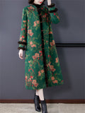 Women's Luxury Faux Fur Stand Collar Button Flower Print Long Coat