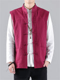 Men's Stand Collar Knot Button Patch Pocket Plain Linen Vest