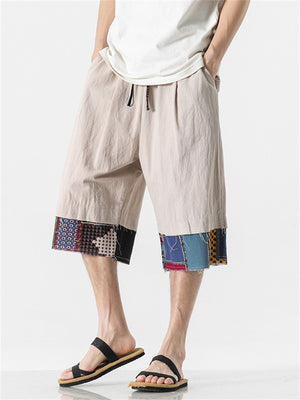 Summer Men's Cotton Linen Spliced Cropped Pants