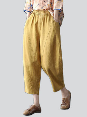 Cotton Linen Elastic Waist Solid Patchwork Women's Pants